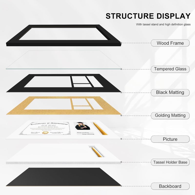 Picrit 11x21 Diploma Frames with Tassel Holder for 8.5x11 Certificate/Degree Document & 4x6 Graduation Photos, with Tempered Glass, Black with Gold Mat, Wall Mount Display - Image 5